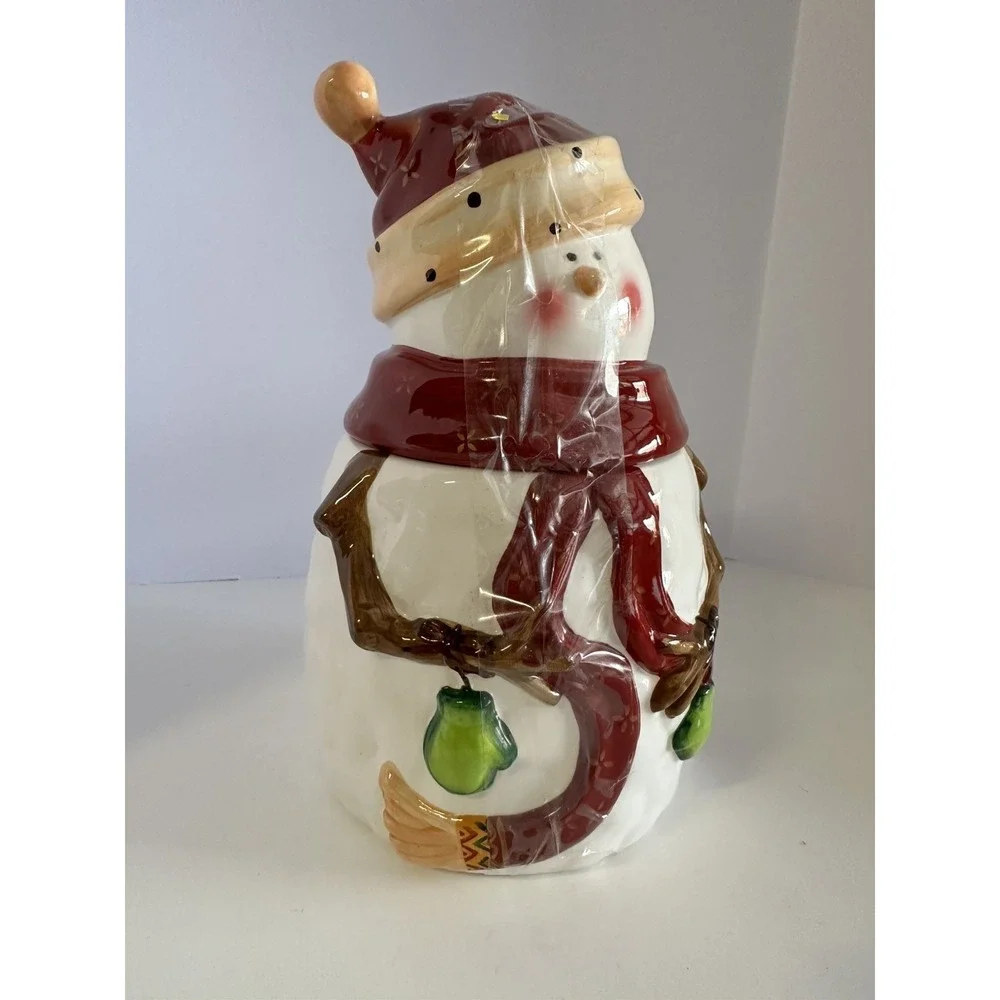 Nonni's Hand PaintedCeramic Snowman Cookie Jar Christmas Holiday Decor Red White